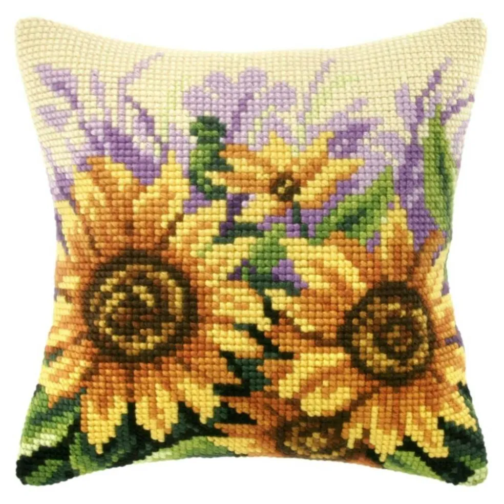 Orchidea Needlepoint Kit Cushion - Printed Canvas Sunflowers On Meadow