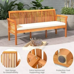 Outdoor Acacia Wood Bench 3 Seater Cushioned Patio Bench With Armrests Natural Frame