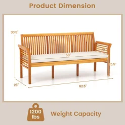Outdoor Acacia Wood Bench 3 Seater Cushioned Patio Bench With Armrests Natural Frame