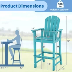 Outdoor Adirondack Bar Stool with HDPE Frame 30 Inch Seat Height Patio Bar Chair with Footrest and Armrests