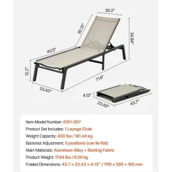Outdoor Chaise Lounge Chair Foldable Aluminum Recliners 5 Positions