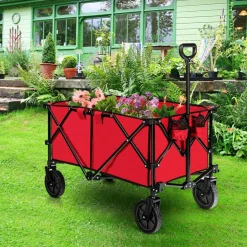 Outdoor Folding Utility Wagon Cart with Adjustable Handle and Cup Holder for All-Terrain Wheels