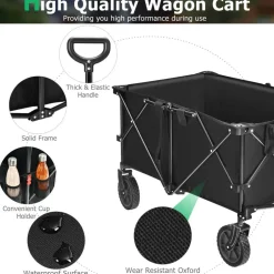Outdoor Folding Utility Wagon Cart with Adjustable Handle and Cup Holder for All-Terrain Wheels