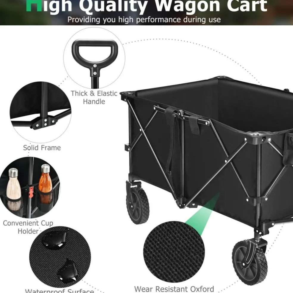 Outdoor Folding Utility Wagon Cart with Adjustable Handle and Cup Holder for All-Terrain Wheels