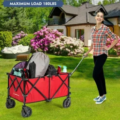 Outdoor Folding Utility Wagon Cart with Adjustable Handle and Cup Holder for All-Terrain Wheels