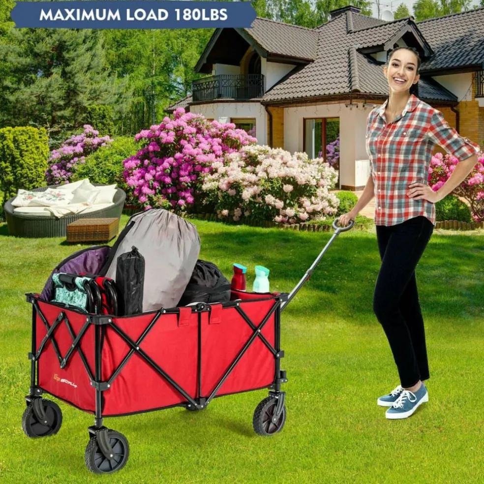 Outdoor Folding Utility Wagon Cart with Adjustable Handle and Cup Holder for All-Terrain Wheels