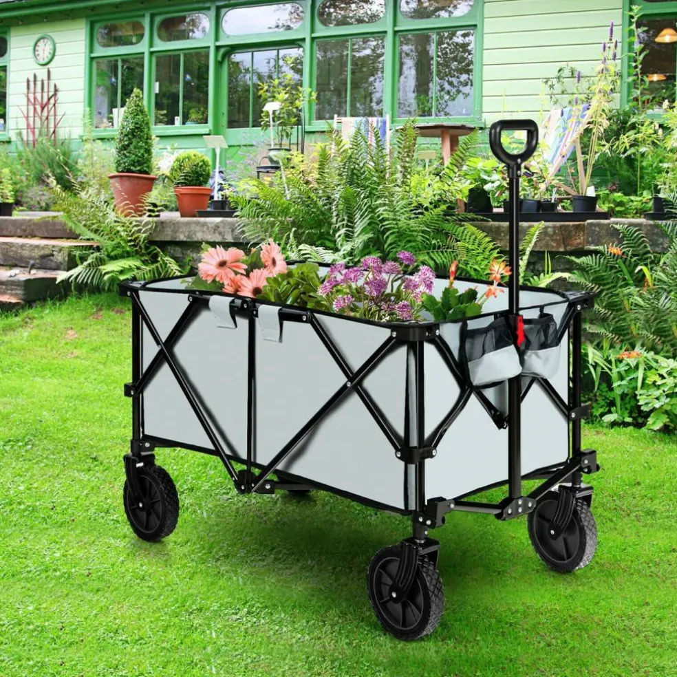 Outdoor Folding Utility Wagon Cart with Adjustable Handle and Cup Holder for All-Terrain Wheels