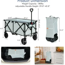 Outdoor Folding Utility Wagon Cart with Adjustable Handle and Cup Holder for All-Terrain Wheels