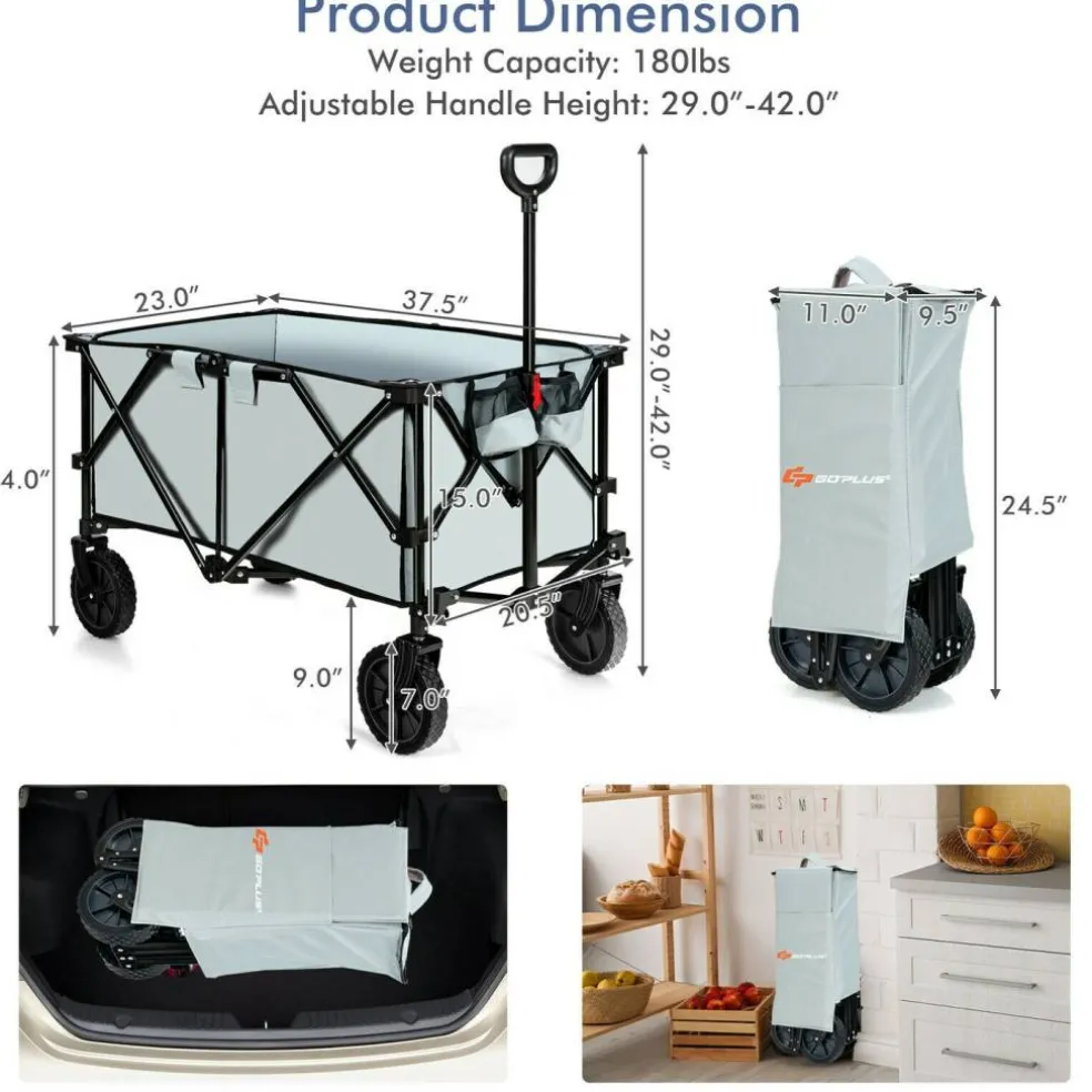 Outdoor Folding Utility Wagon Cart with Adjustable Handle and Cup Holder for All-Terrain Wheels