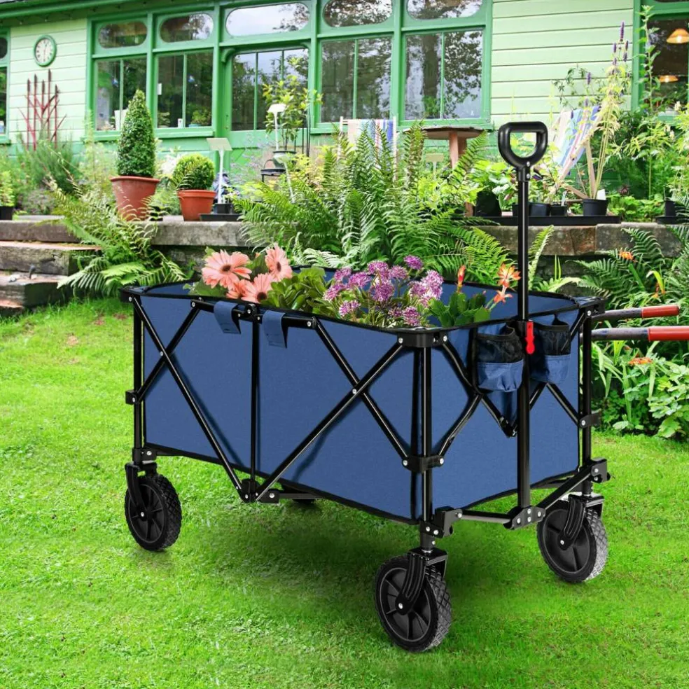 Outdoor Folding Utility Wagon Cart with Adjustable Handle and Cup Holder for All-Terrain Wheels