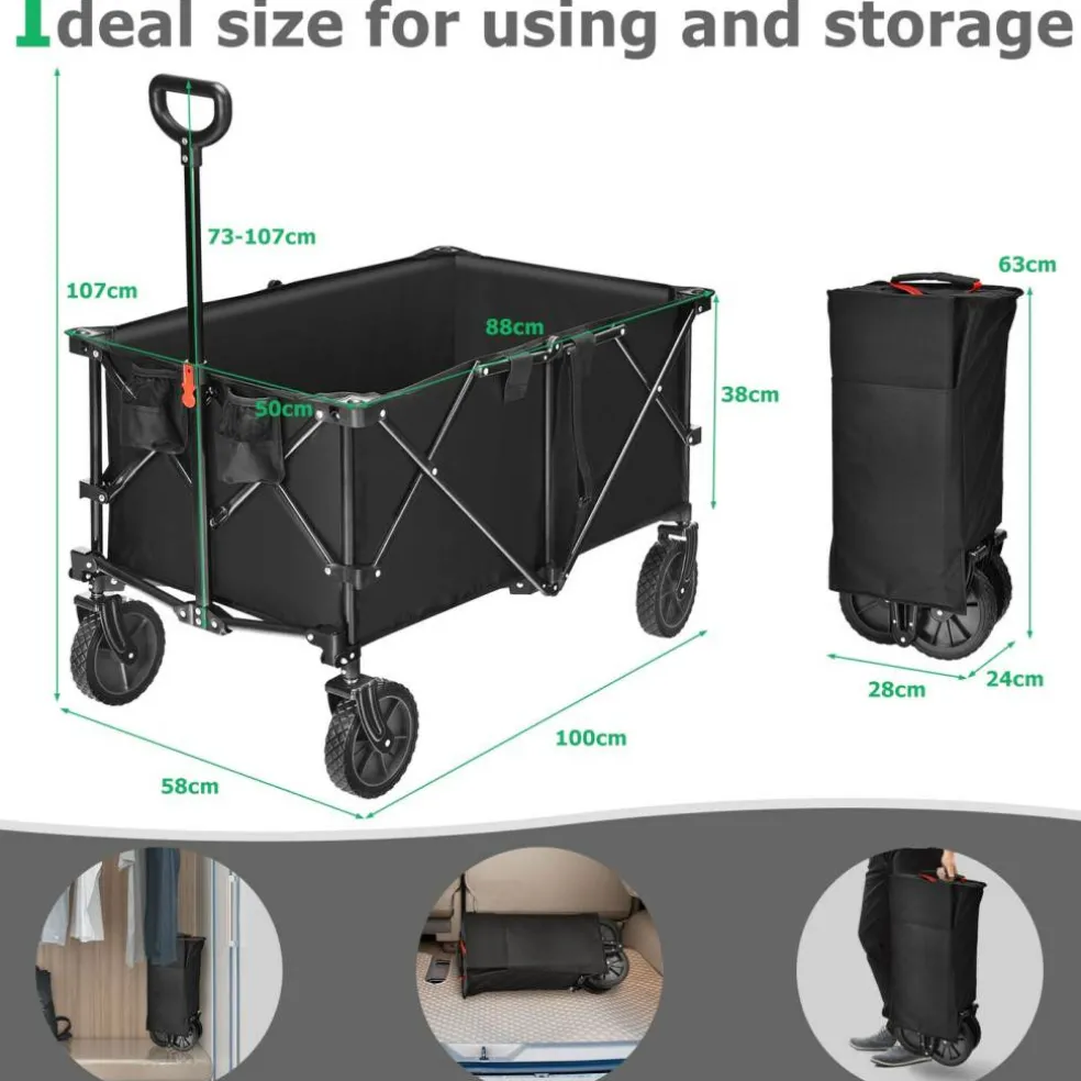 Outdoor Folding Utility Wagon Cart with Adjustable Handle and Cup Holder for All-Terrain Wheels