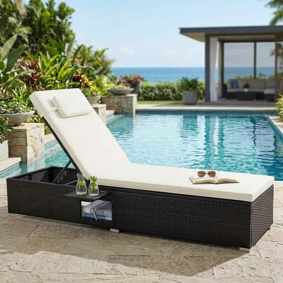 Outdoor Rattan Chaise Lounge, 6-Level Adjustable Backrest with Cushion, Headrest and Foldable Side Table