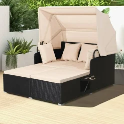 Outdoor Rattan Daybed With Canopy PE Wicker Patio Lounge Sofa Set With Cushions Poolside Garden Double Sun Bed Furniture