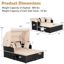Outdoor Rattan Daybed With Canopy PE Wicker Patio Lounge Sofa Set With Cushions Poolside Garden Double Sun Bed Furniture