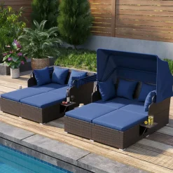 Outdoor Rattan Daybed with Retractable Canopy and Cushions, 58 Inch Patio Lounge Bed with Side Trays for Backyard Pool Deck Relaxation Sofa