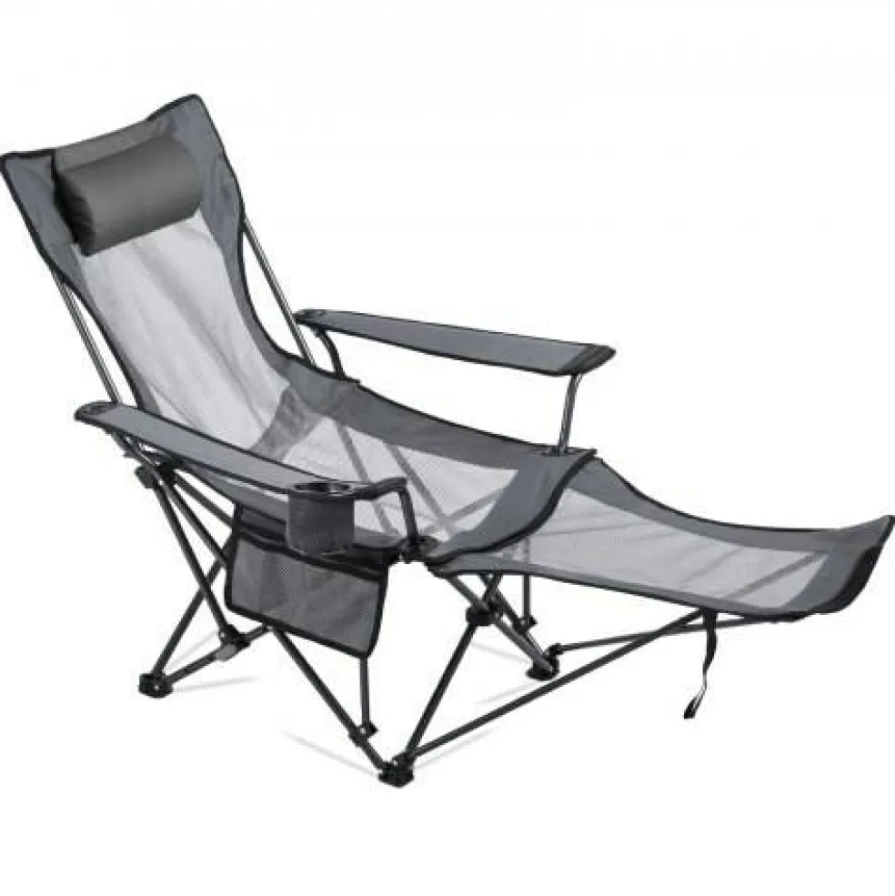 Outdoor Reclining Chair Folding Lounger Adjustable Iron Frame Camp Seat