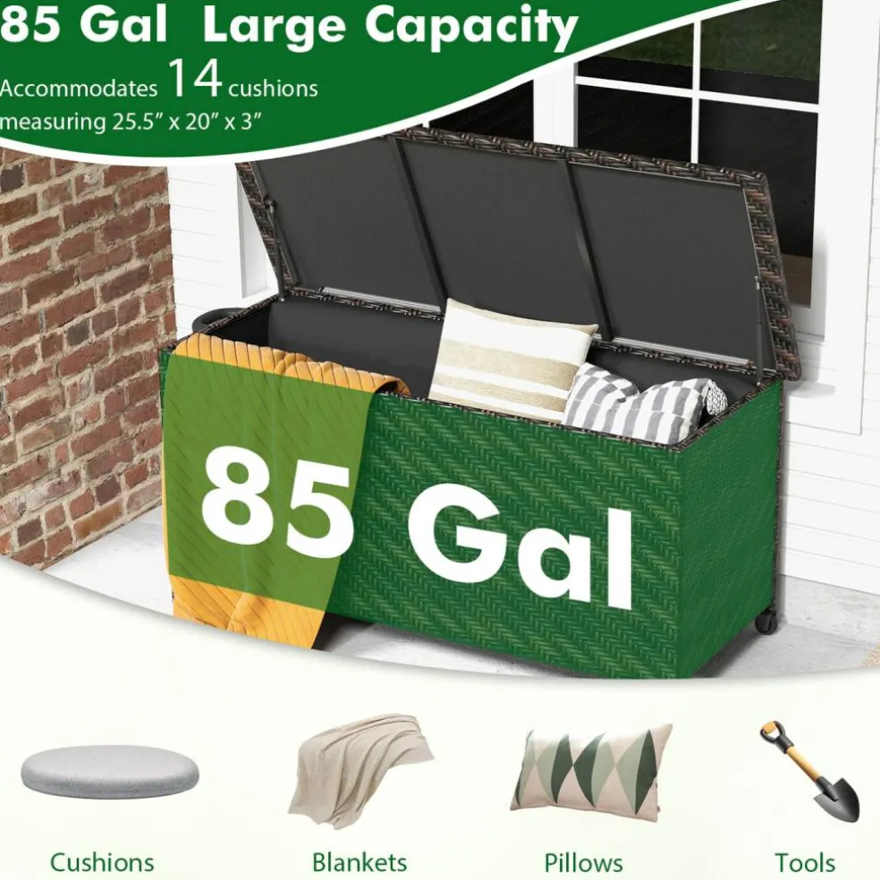 Outdoor Storage Box 85 Gal Rattan with Removable Liner and Universal Wheels