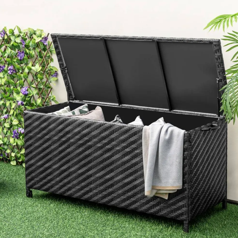 Outdoor Storage Box 85 Gal Rattan with Removable Liner and Universal Wheels