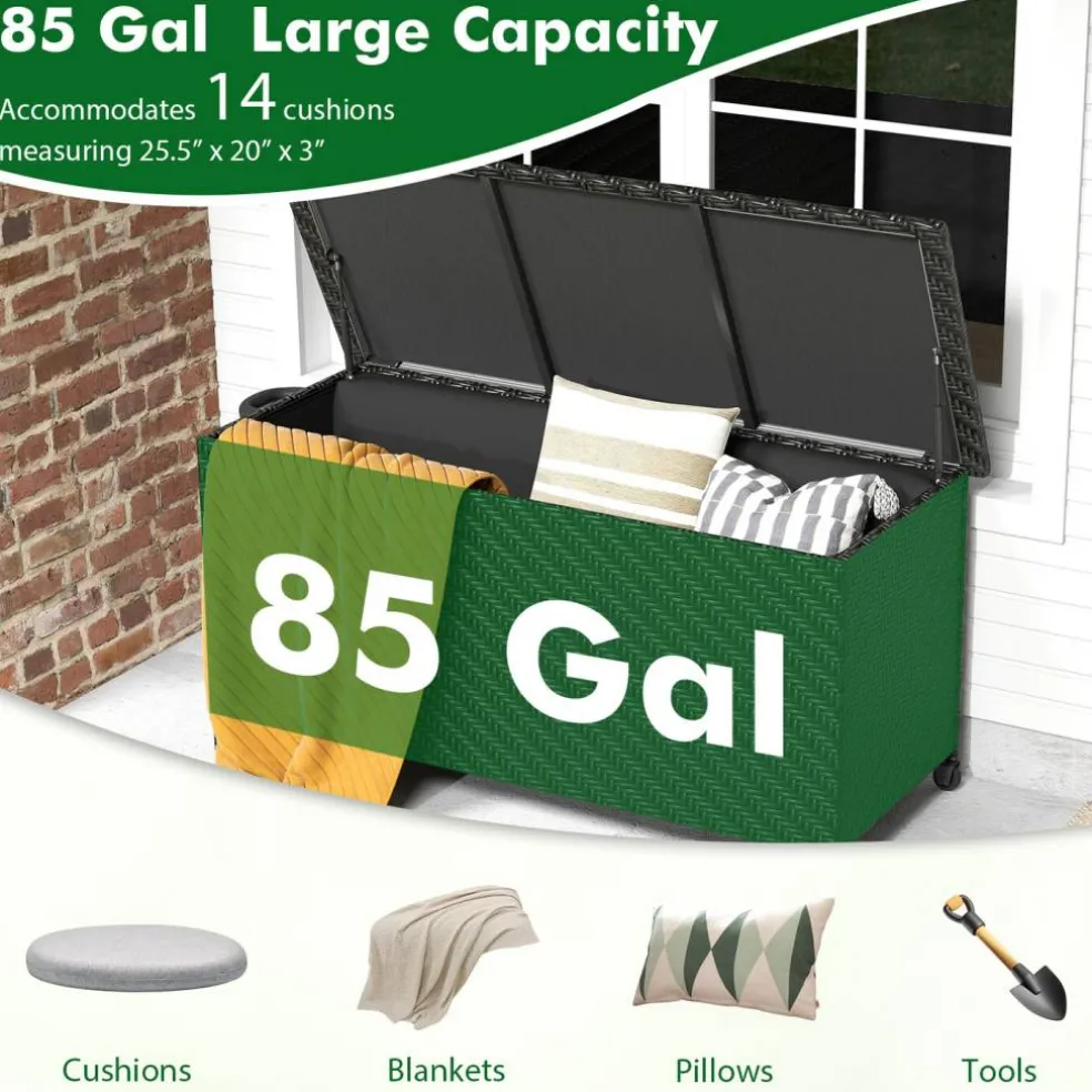 Outdoor Storage Box 85 Gal Rattan with Removable Liner and Universal Wheels