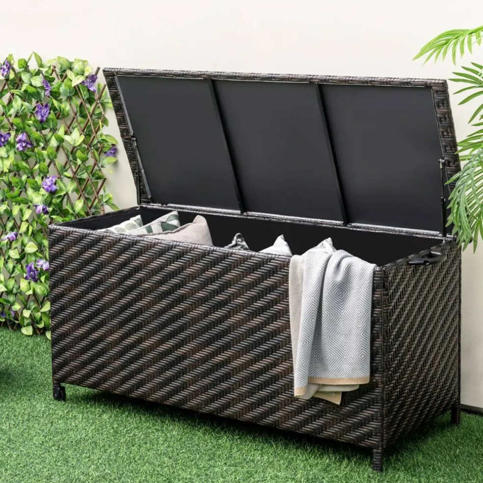Outdoor Storage Box 85 Gal Rattan with Removable Liner and Universal Wheels