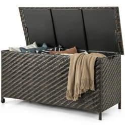 Outdoor Storage Box 85 Gal Rattan with Removable Liner and Universal Wheels