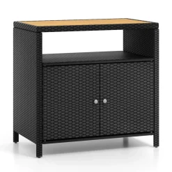 Outdoor Storage Cabinet Rattan Buffet Sideboard with Acacia Wood Top Metal Frame Patio Deck Garden Organizer
