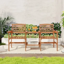 Outdoor Wooden Bistro Set 3 Piece Patio Seating Set with Table and Armchairs