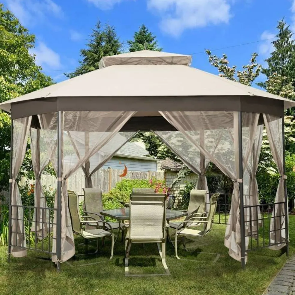 Outdoor 10x12 Ft Octagon Gazebo Canopy with Full Mesh Netting