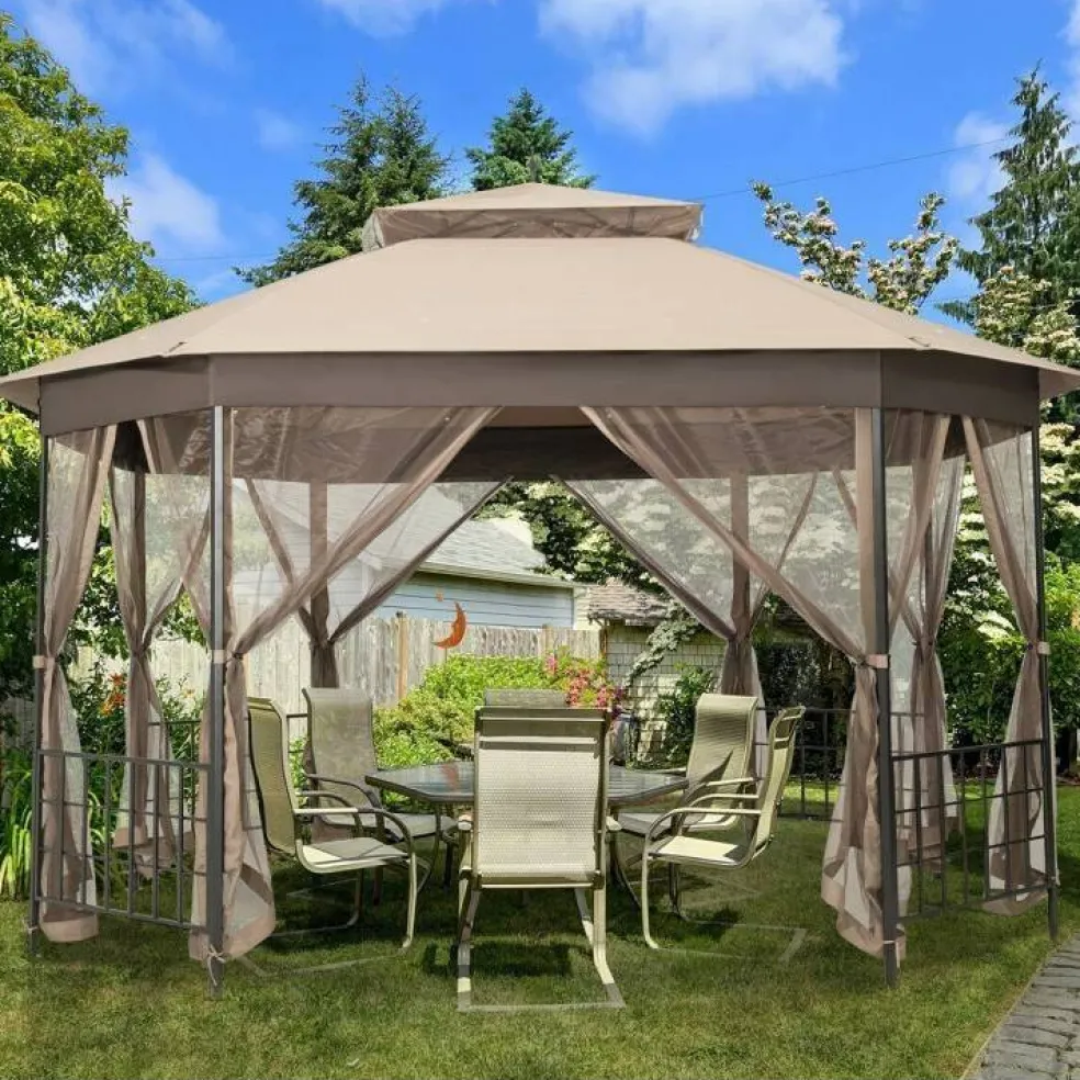 Outdoor 10x12 Ft Octagon Gazebo Canopy with Full Mesh Netting