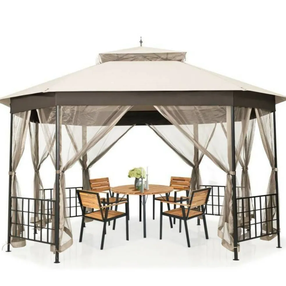 Outdoor 10x12 Ft Octagon Gazebo Canopy with Full Mesh Netting