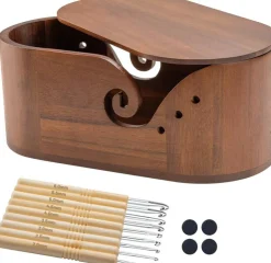 Oval Wooden Yarn Bowl for Crocheting and Knitting, Large Acacia Wood Yarn Holder with Lid, Dual Yarn Guide Grooves, 9PCS Ergonomic Crochet Hooks, Yarn Storage Organizer for Craft Lovers
