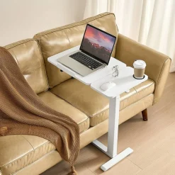 Overbed Table with Flip Top, Hidden Wheels & Cup Holder
