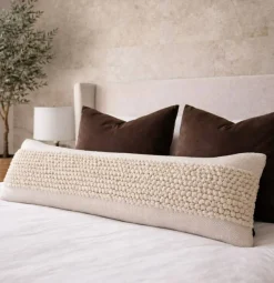 Oversized Lumbar Pillow Cover 12x36, Cream Textured Woven Pillow, Neutral Boho Bed Pillow, Kilim Inspired Farmhouse Decor