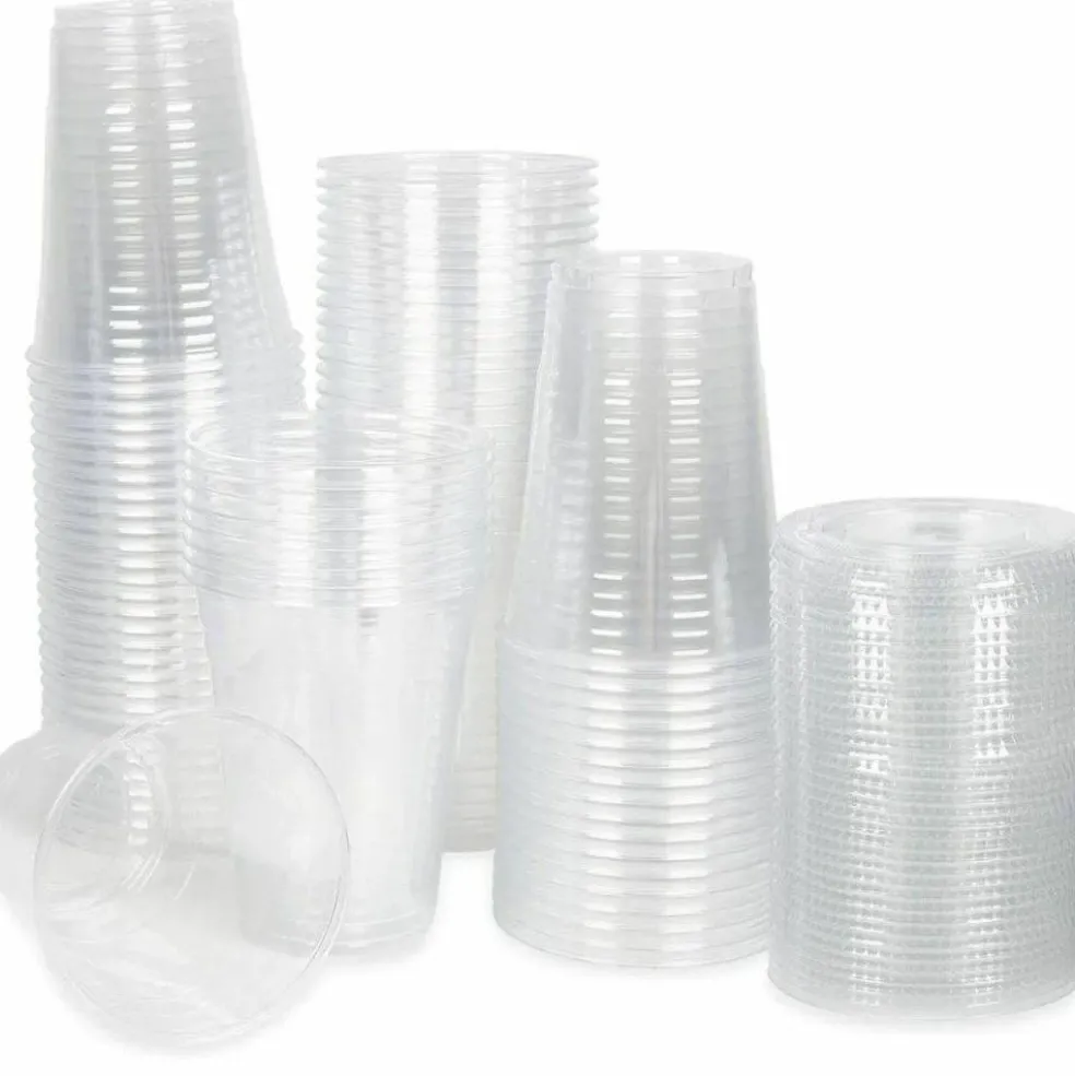 16 oz Clear Plastic Cups with Flat Lids and Straws Disposable