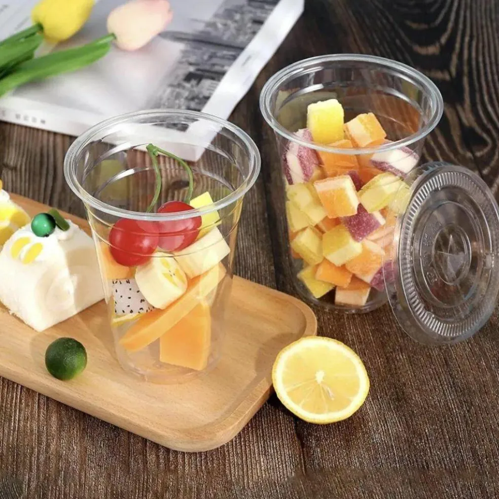 16 oz Clear Plastic Cups with Flat Lids and Straws Disposable