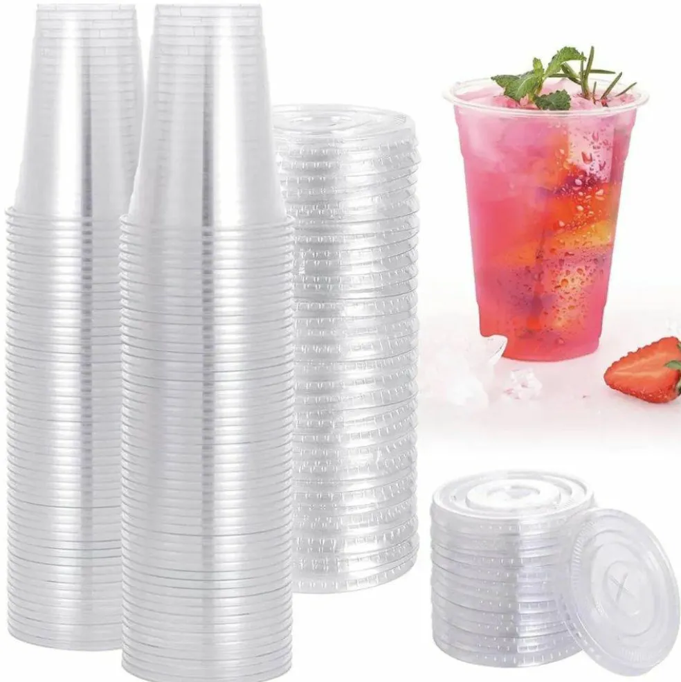 16 oz Clear Plastic Cups with Flat Lids and Straws Disposable
