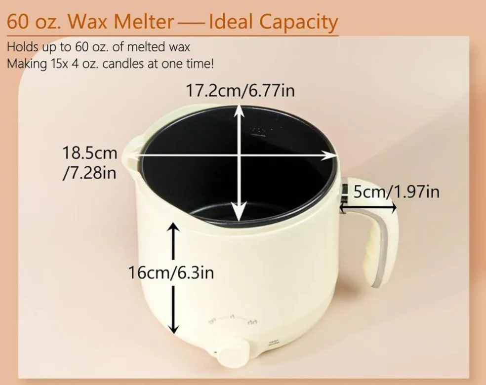 60oz Electric Wax Melter for Candle Making – Includes Thermometer, Wicks, Stickers, Centering Device & Spoon