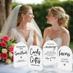 4-Pack Arch Acrylic Wedding Sign Set with Holders – 5x7 Inch Cards & Gifts, Guest Book, Ceremony & Reception Table Signs for Bridal Shower & Wedding Decor (White)