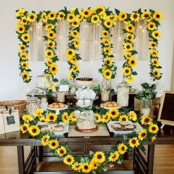 3 Pack Artificial Sunflower Garland, 7.5 Ft Silk Hanging Vine Flowers with Green Leaves, Faux Sunflower Vines for Home, Kitchen, Garden, Wedding, Birthday, Baby Shower & Party Decoration