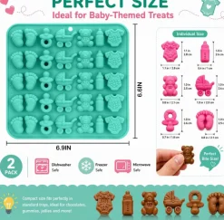 2 Pack Baby Shower Silicone Chocolate Molds, Food Grade BPA Free Candy Mold with Baby Onesie, Feet, Pacifier, Cradle, Bear & Bottle Shapes for Chocolate, Gummy, Fondant, Cake Decorating, Soap, Resin