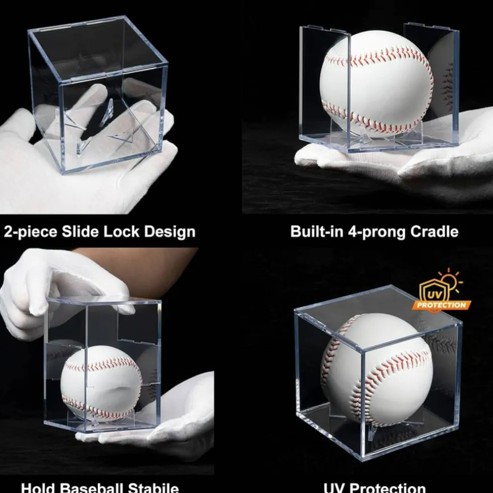 4 Pack Baseball Display Cases - UV Protected Acrylic Square Baseball Holder, Official Size Baseball Display Boxes, Clear Display Cube Baseball Memorabilia Showcase Autographed Ball Protector