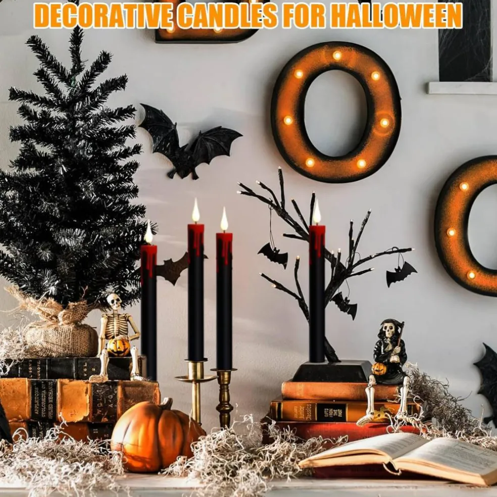 4-Pack Black Flameless Taper Candles – LED Halloween Decor with Remote & Timer, Battery Operated