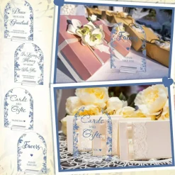 4 Pack Blue Floral Arch Acrylic Wedding Signs with Stands 5 x 7 Inch Guest Book Cards and Gifts Please Take One Loving Memory Table Sign Set for Ceremony Reception Bridal Shower