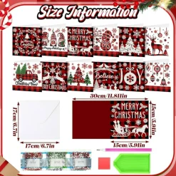12 Pack Christmas Diamond Painting Greeting Card Kits, 5D DIY Rhinestone Christmas Cards with Envelopes, Red Plaid Holiday Cards for Adults, Handmade Xmas Crafts & Gifts for Family Friends