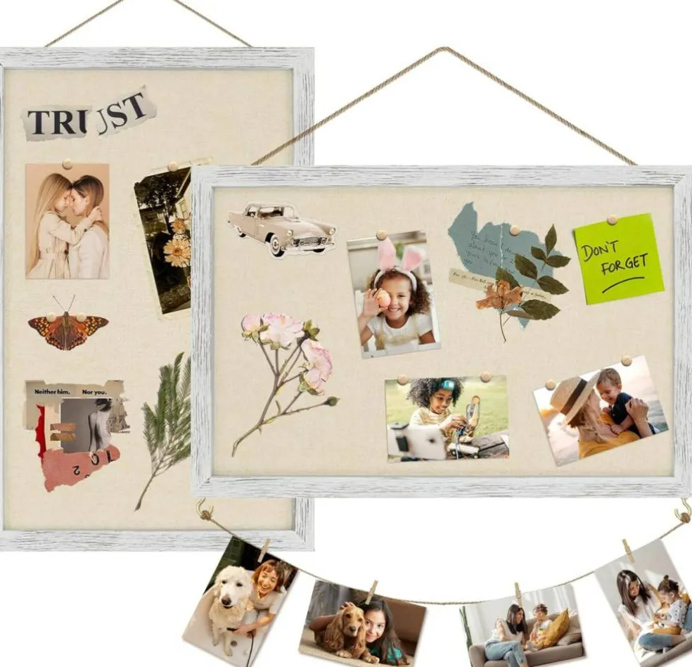 2 Pack Cork Boards for Walls with Linen, 16x11 Wood(Rustic White)