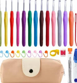 38 Pack Crochet Hooks Set, 13 Pcs 2mm(b)-10mm(n) Ergonomic Soft Grip Crochet Handles, Crochet Needle with Storage Case, for Arthritic Hands, Extra Long Knitting Needles