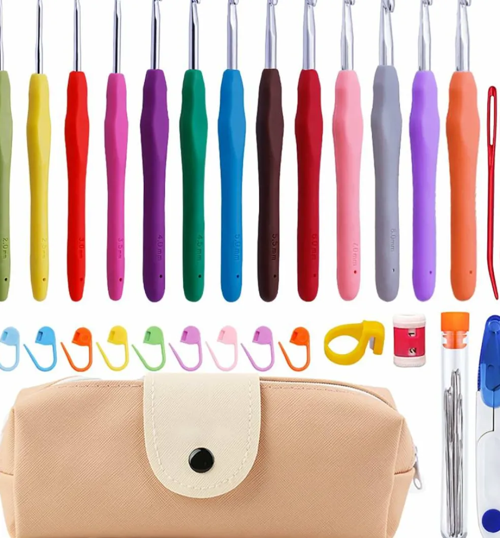 38 Pack Crochet Hooks Set, 13 Pcs 2mm(b)-10mm(n) Ergonomic Soft Grip Crochet Handles, Crochet Needle with Storage Case, for Arthritic Hands, Extra Long Knitting Needles
