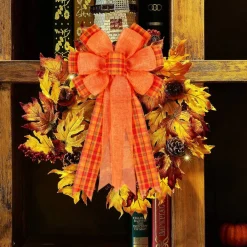 2 Pack Fall Bows for Wreaths Decorations for Home, Halloween Tree Topper Bow, Thanksgiving Bow with Orange Buffalo Plaid Burlap Front Door Outdoor