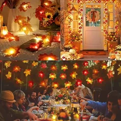 2 Pack Fall Decorations Maple Leaf Lights Garland Multicolored, 20Ft 40LED Battery Operated Fall Leaves Garland with Light String Wedding Autumn Harvest Table Porch Indoor Xmas Home Thanksgiving Decor