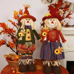 2 Pack Fall Decorations Scarecrow Figurines with Stretchable Legs, 28 Inch Standing Thanksgiving Harvest Scarecrows, Handmade Autumn Decor for Tabletop, Fireplace, Porch, Farmhouse Home, Office and Party Decoration